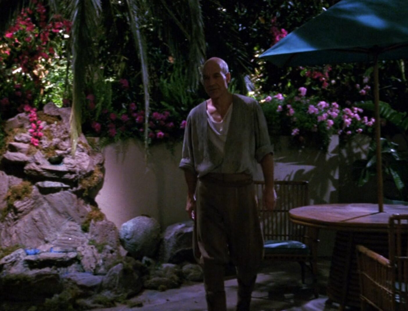 Picard on a dimly-lit patio wearing a low-necked top and jhodpurs.