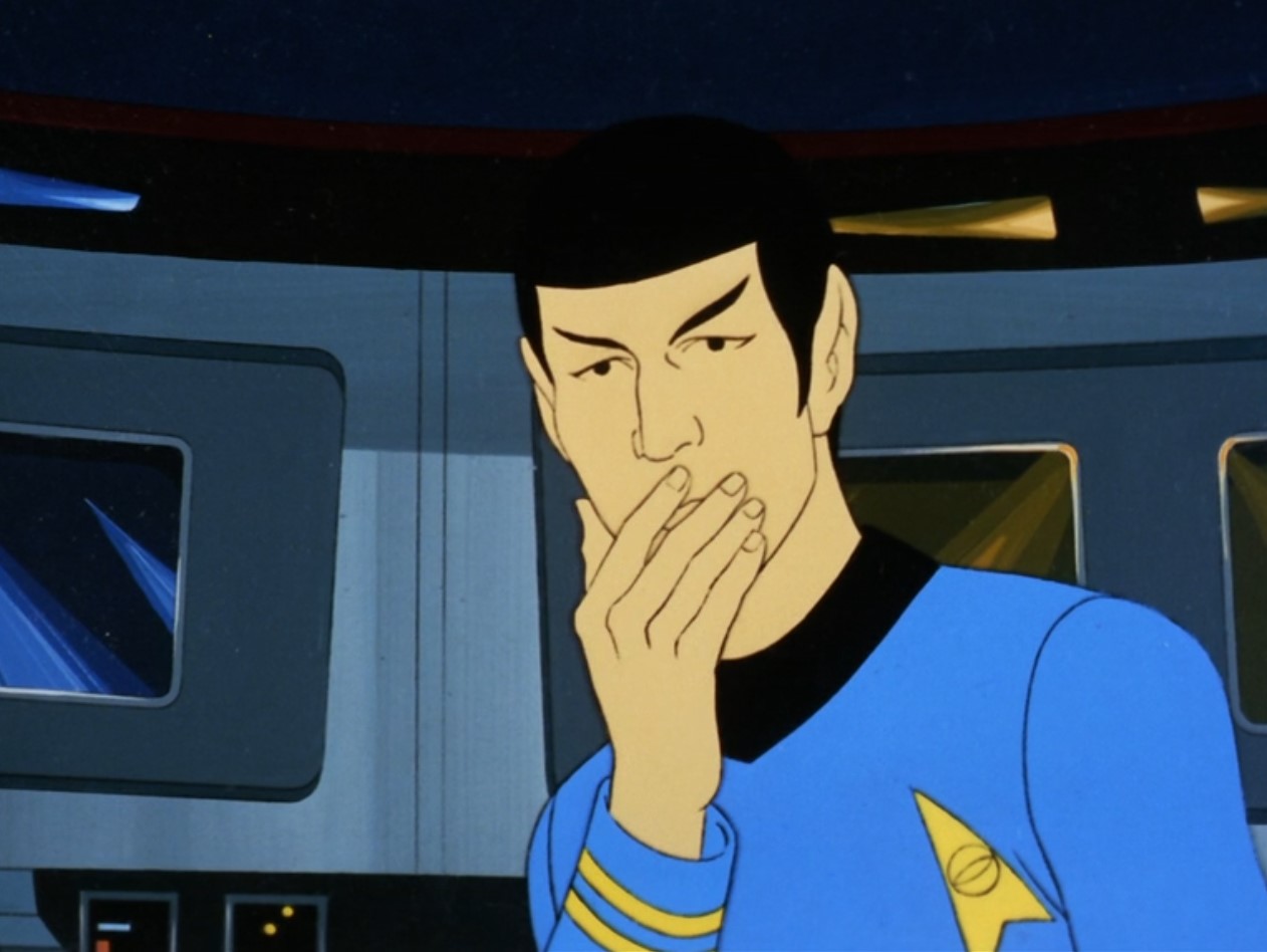 A cartoon Spock covers his mouth in dismay at the disappearances of his crew members.